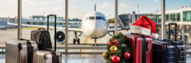 Suitcases with Santa hat on top in airport with aeroplane in background